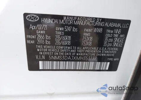 2021 Hyundai Santa Fe Sel z USA, uszkodzony, nr VIN 5NMS3DAJXMH353737